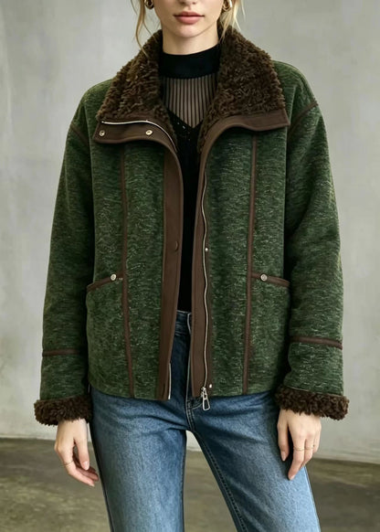 Vintage Green Teddy Faux Fur Lined Fleece Jacket Winter