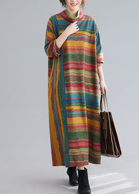 Vintage Green Turtle Neck Patchwork Striped Cotton Ankle Dress Spring