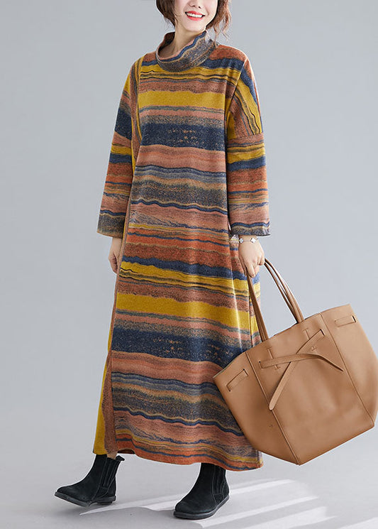 Vintage Green Turtle Neck Patchwork Striped Cotton Ankle Dress Spring