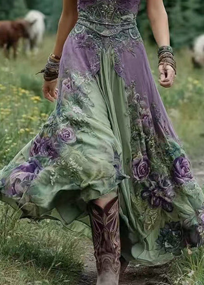Vintage Green V Neck Print Patchwork Long Dresses Summer