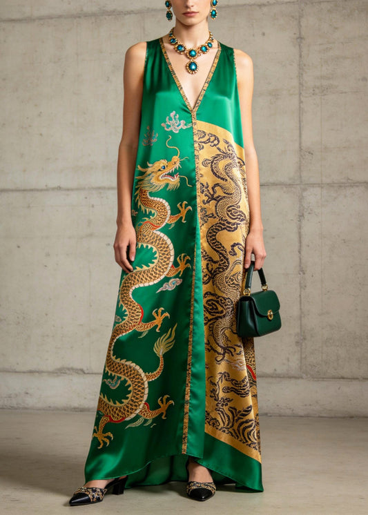 Vintage Green V Neck Print Silk A Line Dresses Sleeveless