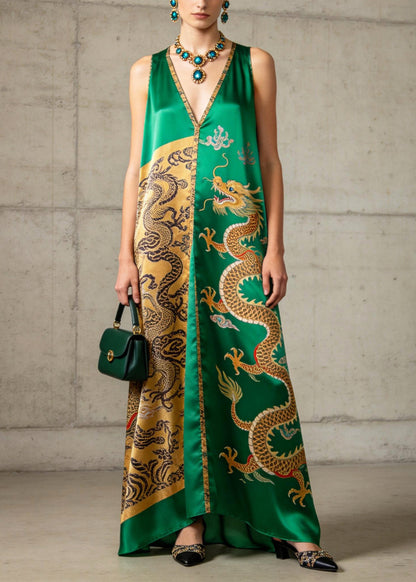 Vintage Green V Neck Print Silk A Line Dresses Sleeveless