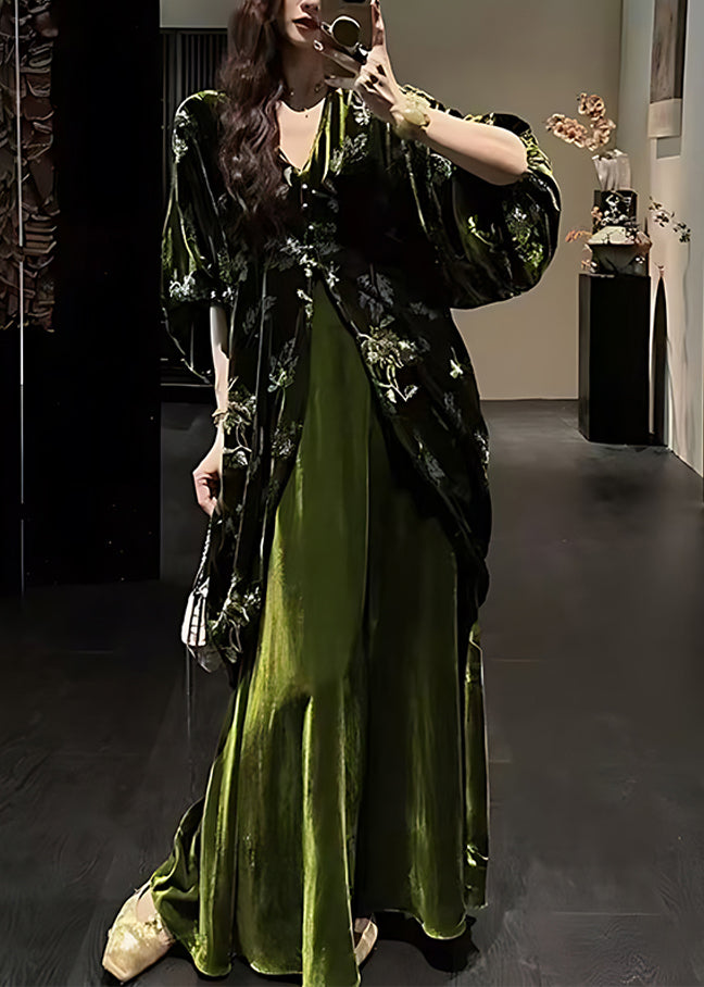 Vintage Green V Neck Silk Velvet Coats And Maxi Dress Two Pieces Set Lantern Sleeve