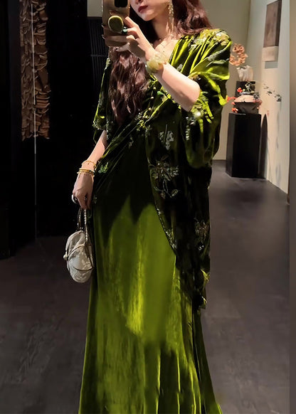 Vintage Green V Neck Silk Velvet Coats And Maxi Dress Two Pieces Set Lantern Sleeve