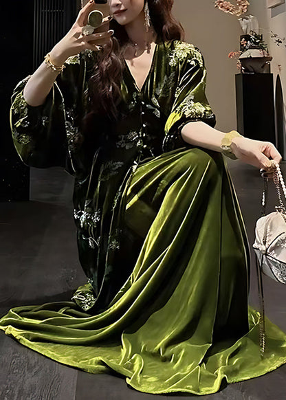 Vintage Green V Neck Silk Velvet Coats And Maxi Dress Two Pieces Set Lantern Sleeve