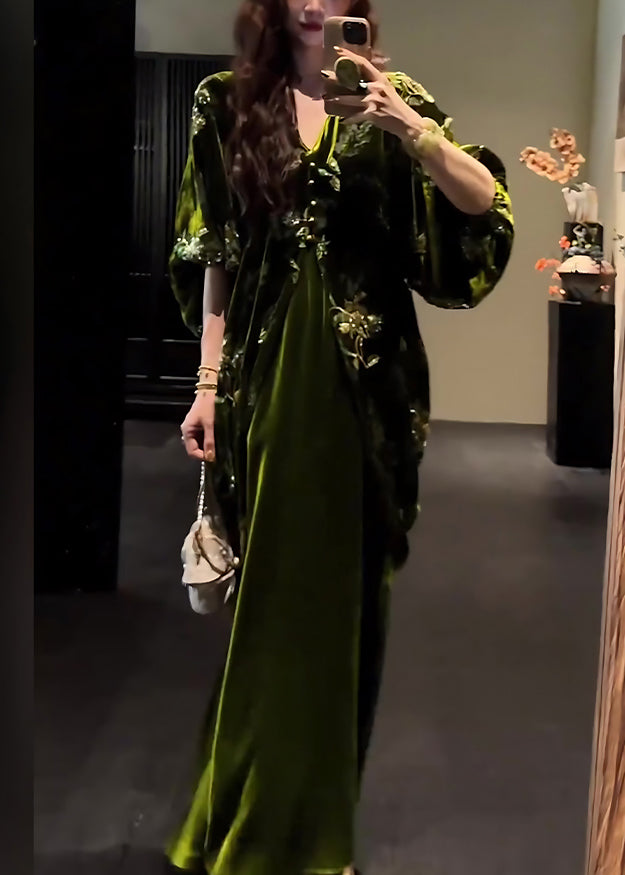 Vintage Green V Neck Silk Velvet Coats And Maxi Dress Two Pieces Set Lantern Sleeve