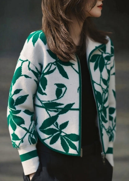 Vintage Green Zippered Patchwork Cotton Knit Cardigans Spring