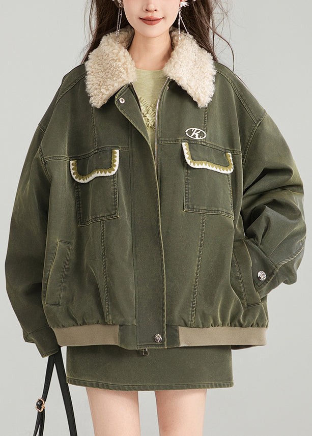 Vintage Green Zippered Pockets Patchwork Parka Spring