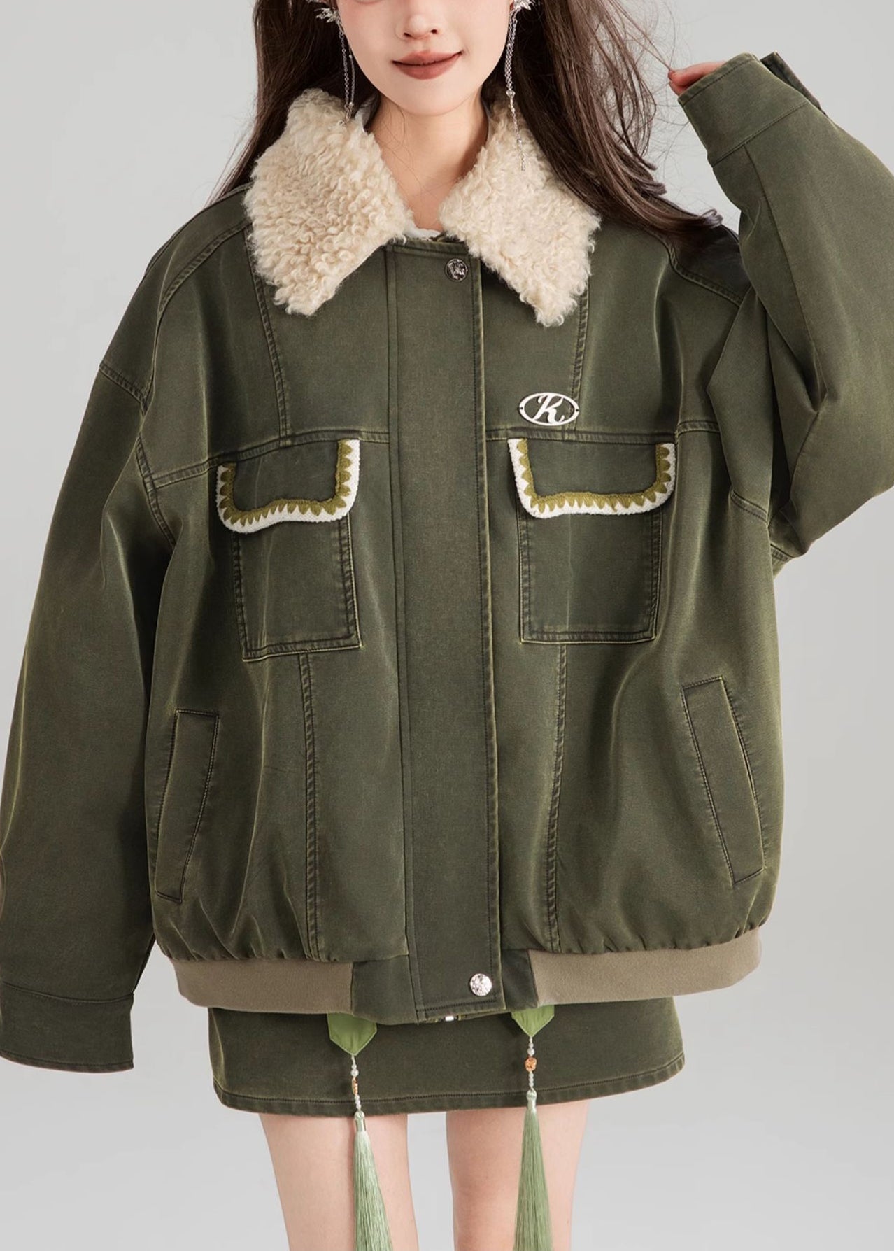 Vintage Green Zippered Pockets Patchwork Parka Spring