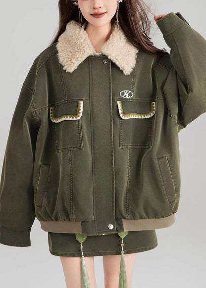 Vintage Green Zippered Pockets Patchwork Parka Spring