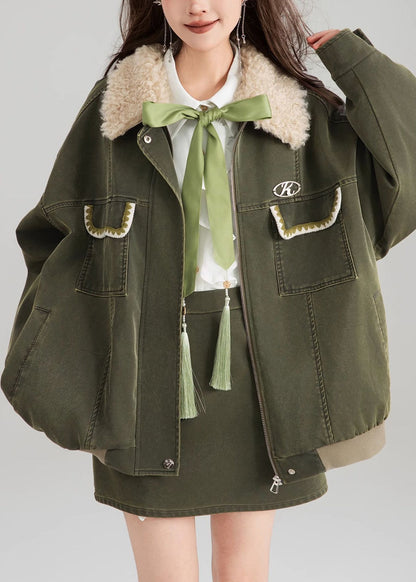 Vintage Green Zippered Pockets Patchwork Parka Spring