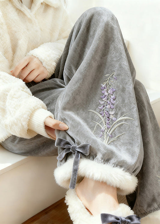 Vintage Grey Embroidered Warm Fleece Silk Velvet Pants Winter
