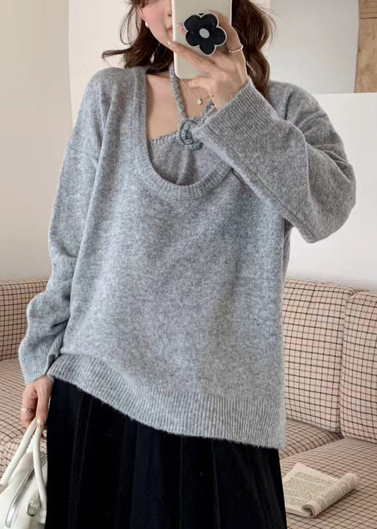 Vintage Grey Halter Floral Knit Pullover Two Piece Set Winter