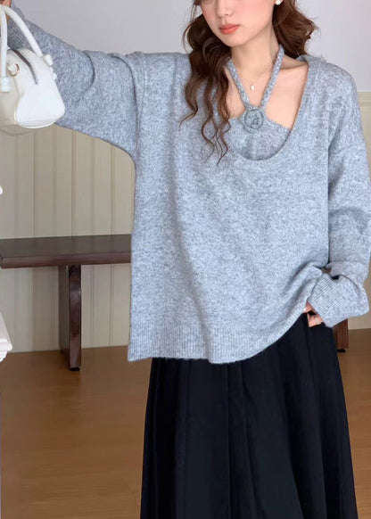 Vintage Grey Halter Floral Knit Pullover Two Piece Set Winter