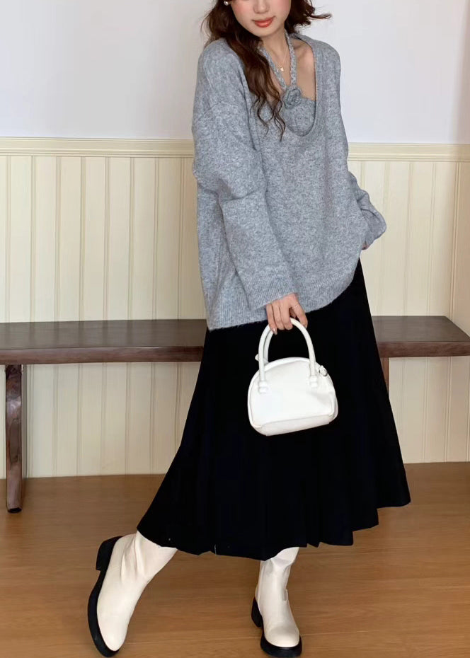 Vintage Grey Halter Floral Knit Pullover Two Piece Set Winter