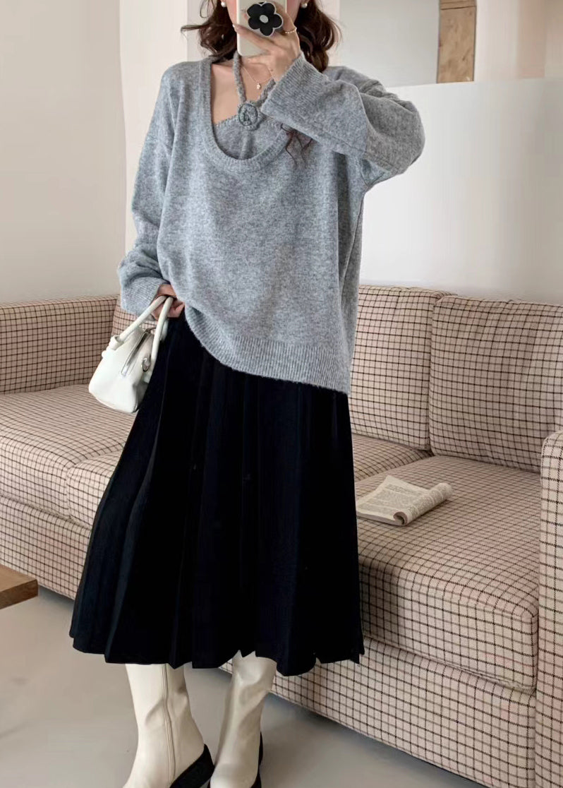 Vintage Grey Halter Floral Knit Pullover Two Piece Set Winter