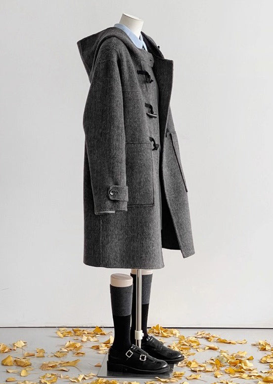 Vintage Grey Hooded Pockets Woolen Coats Winter