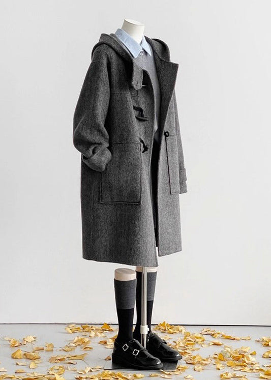 Vintage Grey Hooded Pockets Woolen Coats Winter