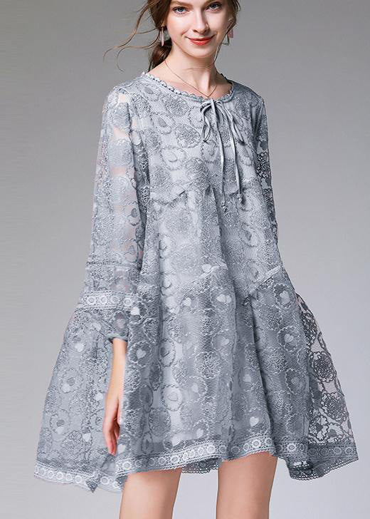 Vintage Grey Long sleeve Lace Summer Maxi Dresses