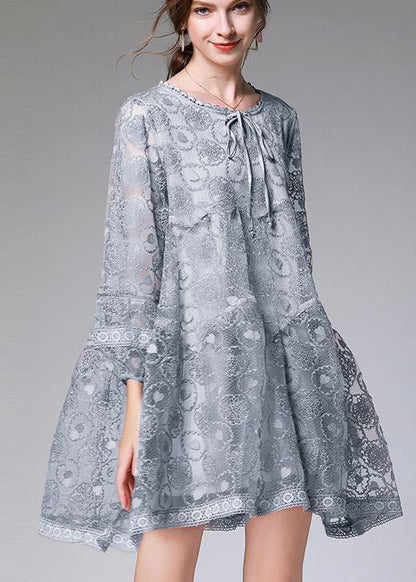 Vintage Grey Long sleeve Lace Summer Maxi Dresses