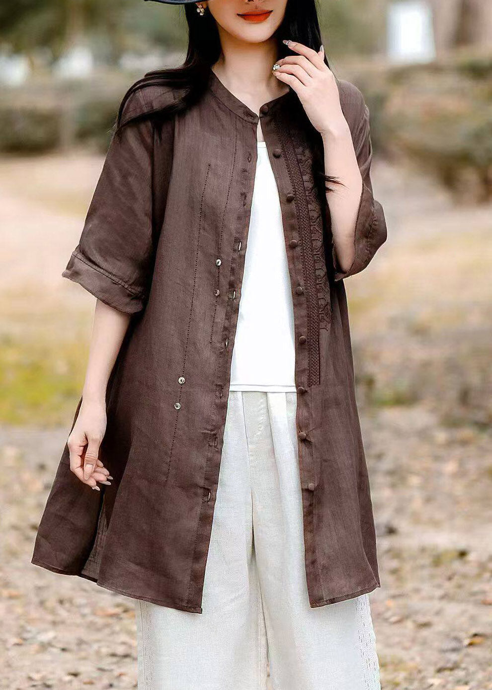 Vintage Grey O-Neck Embroidered Long Linen Shirt Short Sleeve