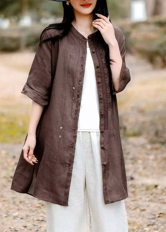 Vintage Grey O-Neck Embroidered Long Linen Shirt Short Sleeve