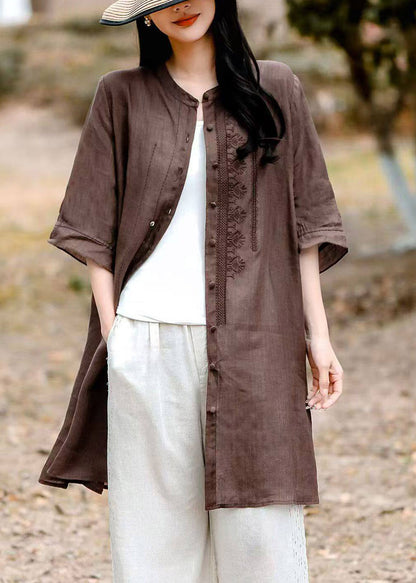 Vintage Grey O-Neck Embroidered Long Linen Shirt Short Sleeve