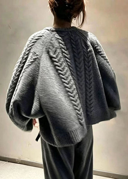 Vintage Grey O-Neck Oversized Cable Knit Sweater Batwing Sleeve