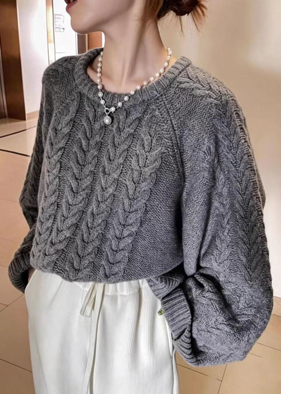 Vintage Grey O-Neck Oversized Cable Knit Sweater Batwing Sleeve