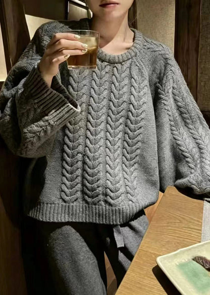 Vintage Grey O-Neck Oversized Cable Knit Sweater Batwing Sleeve