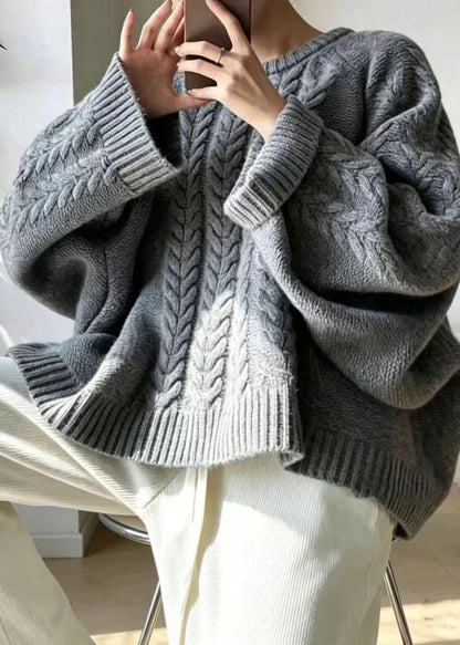 Vintage Grey O-Neck Oversized Cable Knit Sweater Batwing Sleeve