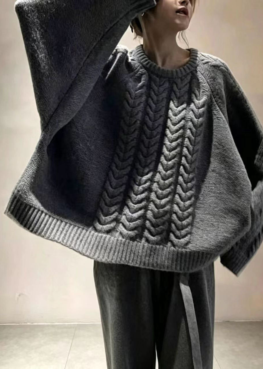 Vintage Grey O-Neck Oversized Cable Knit Sweater Batwing Sleeve