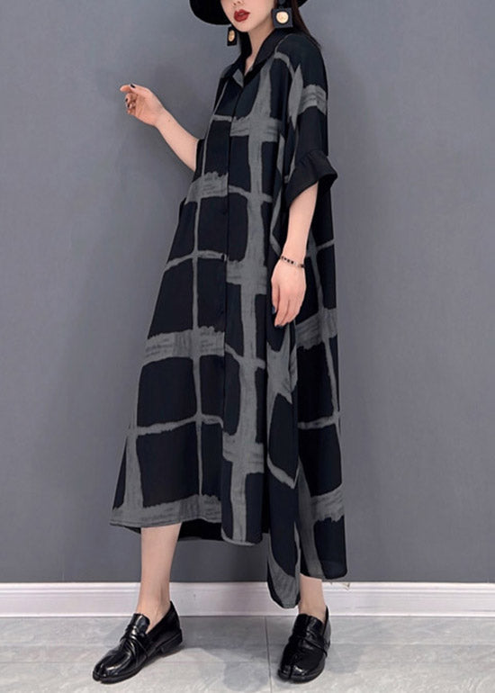 Vintage Grey Peter Pan Collar Asymmetrical Print Button Pockets Long Dress Half Sleeve