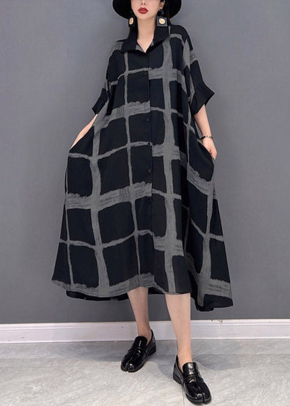 Vintage Grey Peter Pan Collar Asymmetrical Print Button Pockets Long Dress Half Sleeve