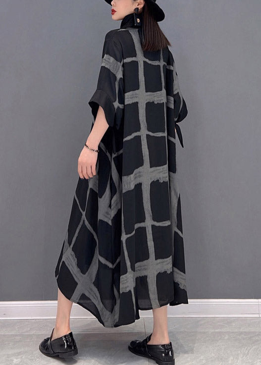 Vintage Grey Peter Pan Collar Asymmetrical Print Button Pockets Long Dress Half Sleeve