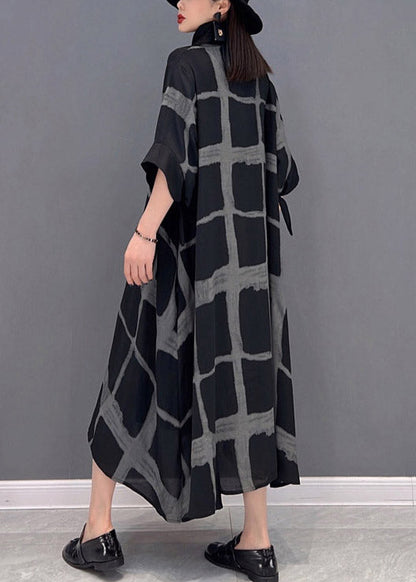 Vintage Grey Peter Pan Collar Asymmetrical Print Button Pockets Long Dress Half Sleeve