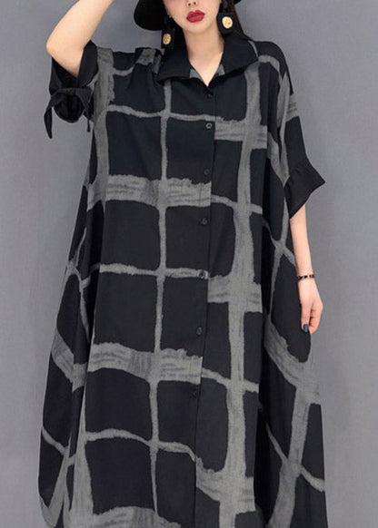 Vintage Grey Peter Pan Collar Asymmetrical Print Button Pockets Long Dress Half Sleeve