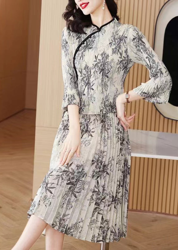 Vintage Grey Print Chiffon Oriental Dress Summer