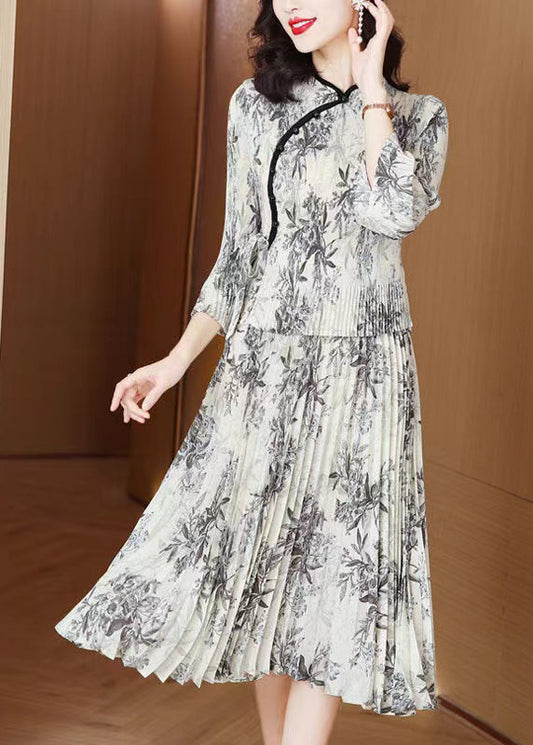 Vintage Grey Print Chiffon Oriental Dress Summer