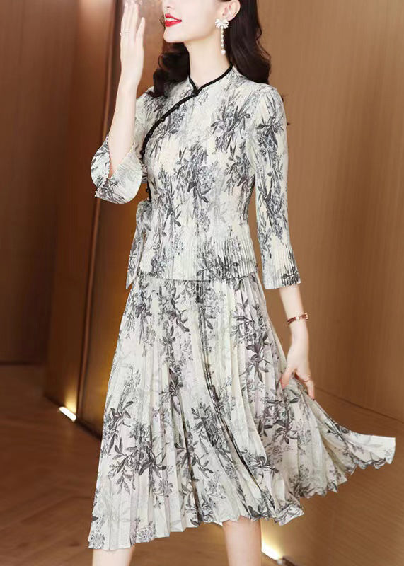 Vintage Grey Print Chiffon Oriental Dress Summer