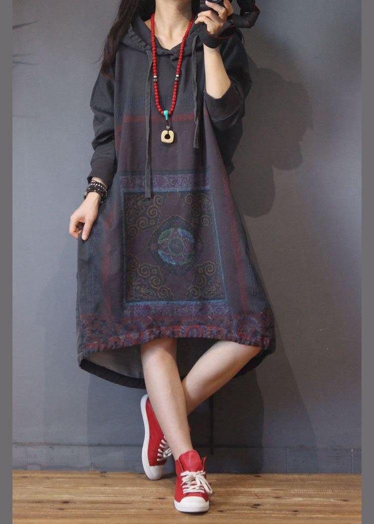 Vintage Grey Print Cotton hooded Summer Dress - SooLinen