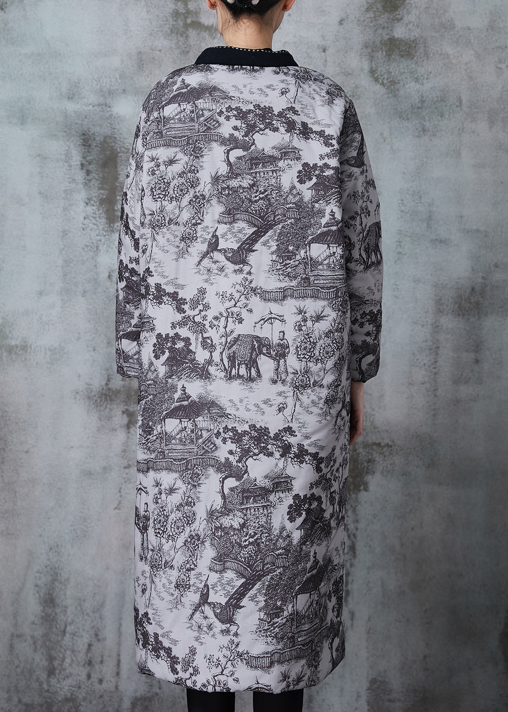 Vintage Grey Print Pockets Fine Cotton Filled Coats Winter