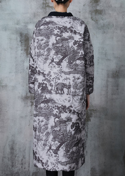 Vintage Grey Print Pockets Fine Cotton Filled Coats Winter