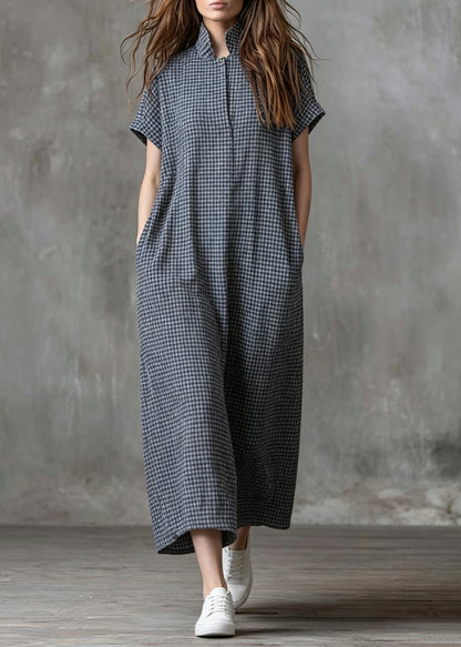 Vintage Grey Stand Collar Plaid Cotton Long Dress Summer