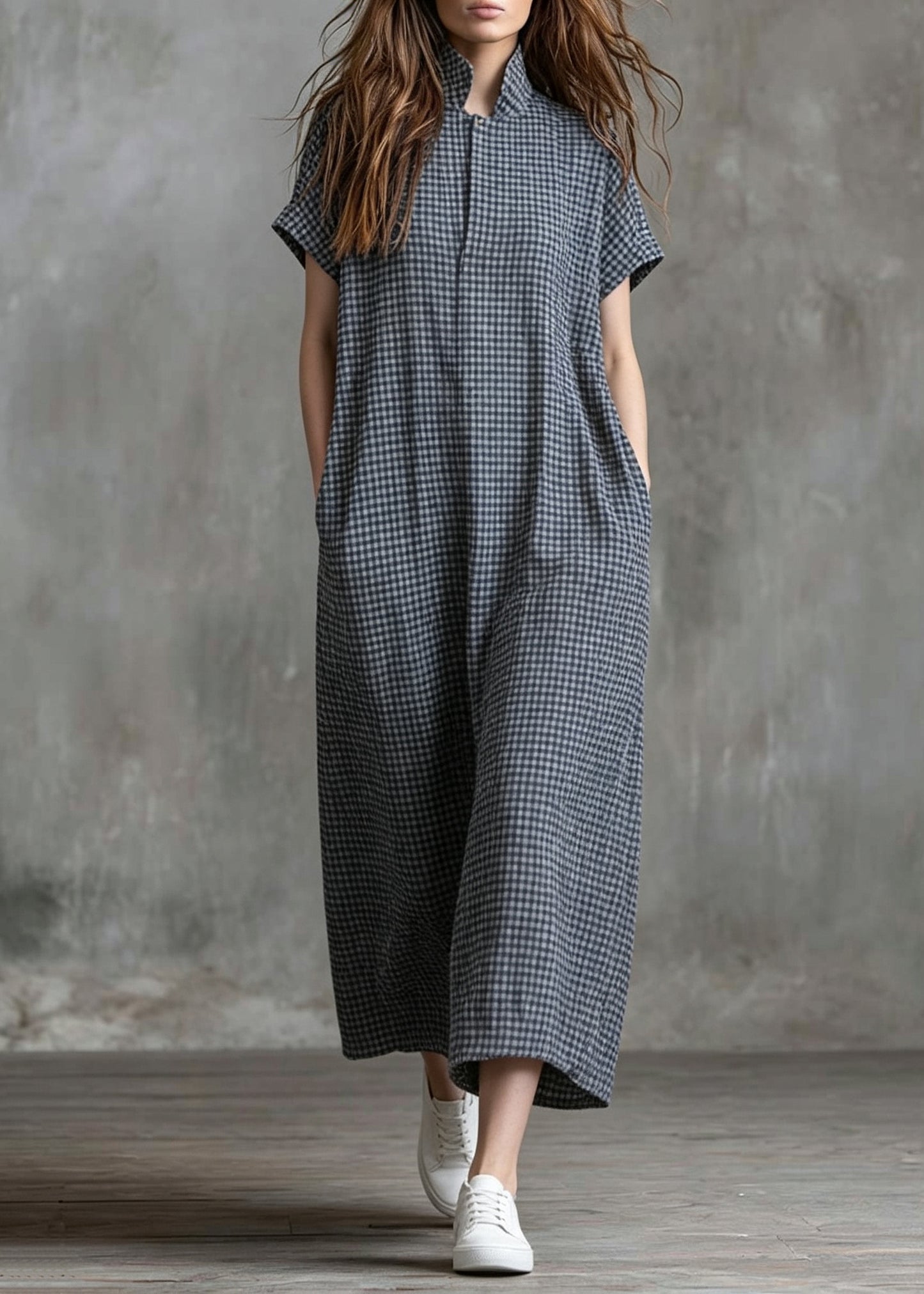 Vintage Grey Stand Collar Plaid Cotton Long Dress Summer