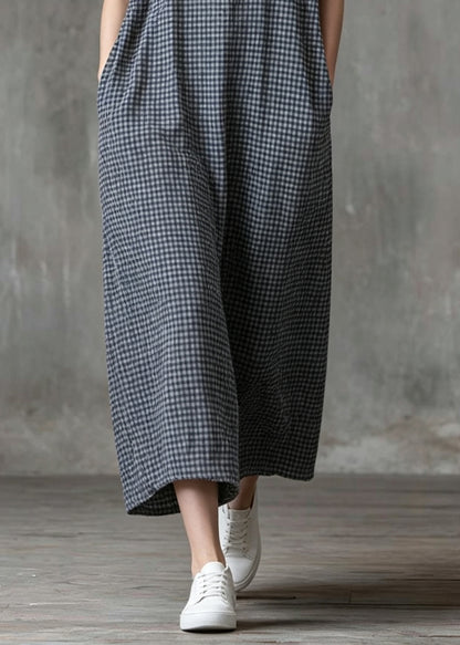 Vintage Grey Stand Collar Plaid Cotton Long Dress Summer