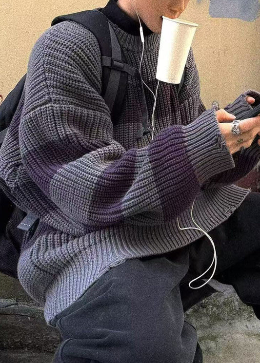 Vintage Grey Striped Cozy Patchwork Knit Men Sweater Spring
