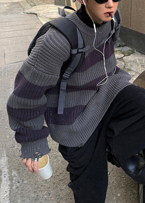 Vintage Grey Striped Cozy Patchwork Knit Men Sweater Spring