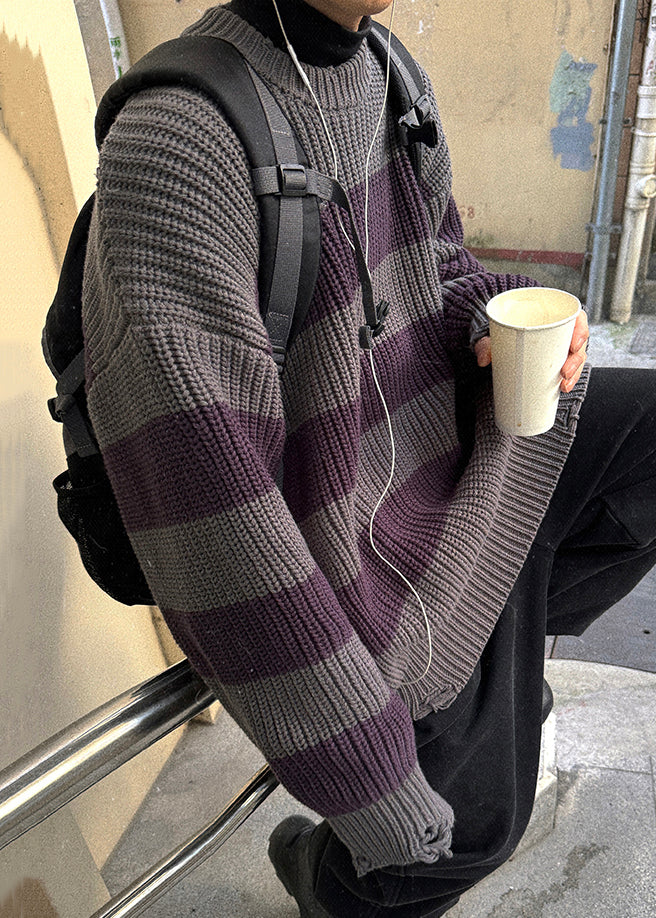 Vintage Grey Striped Cozy Patchwork Knit Men Sweater Spring