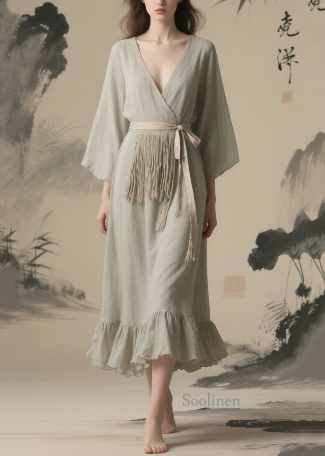 Vintage Grey Tasseled Chiffon Tunic Dresses Summer